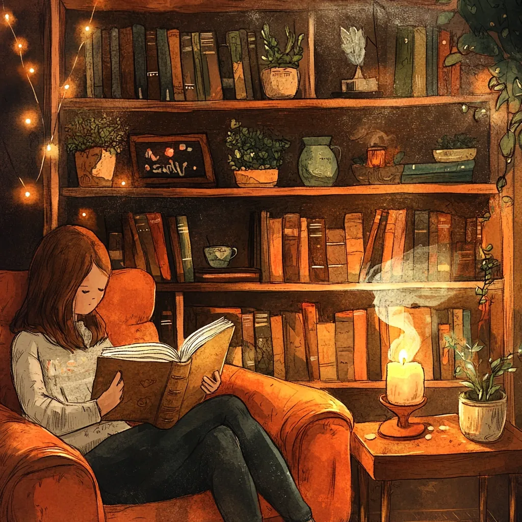 A young woman with brown hair sits comfortably in an orange armchair, engrossed in a large book.  She's nestled in a cozy room filled with the warm glow of a lit candle and fairy lights strung along a towering bookshelf brimming with countless books, plants, and small decorative items. The overall ambiance is one of quiet comfort and peaceful reading. The scene is depicted in a soft, painterly style with a warm color palette.
