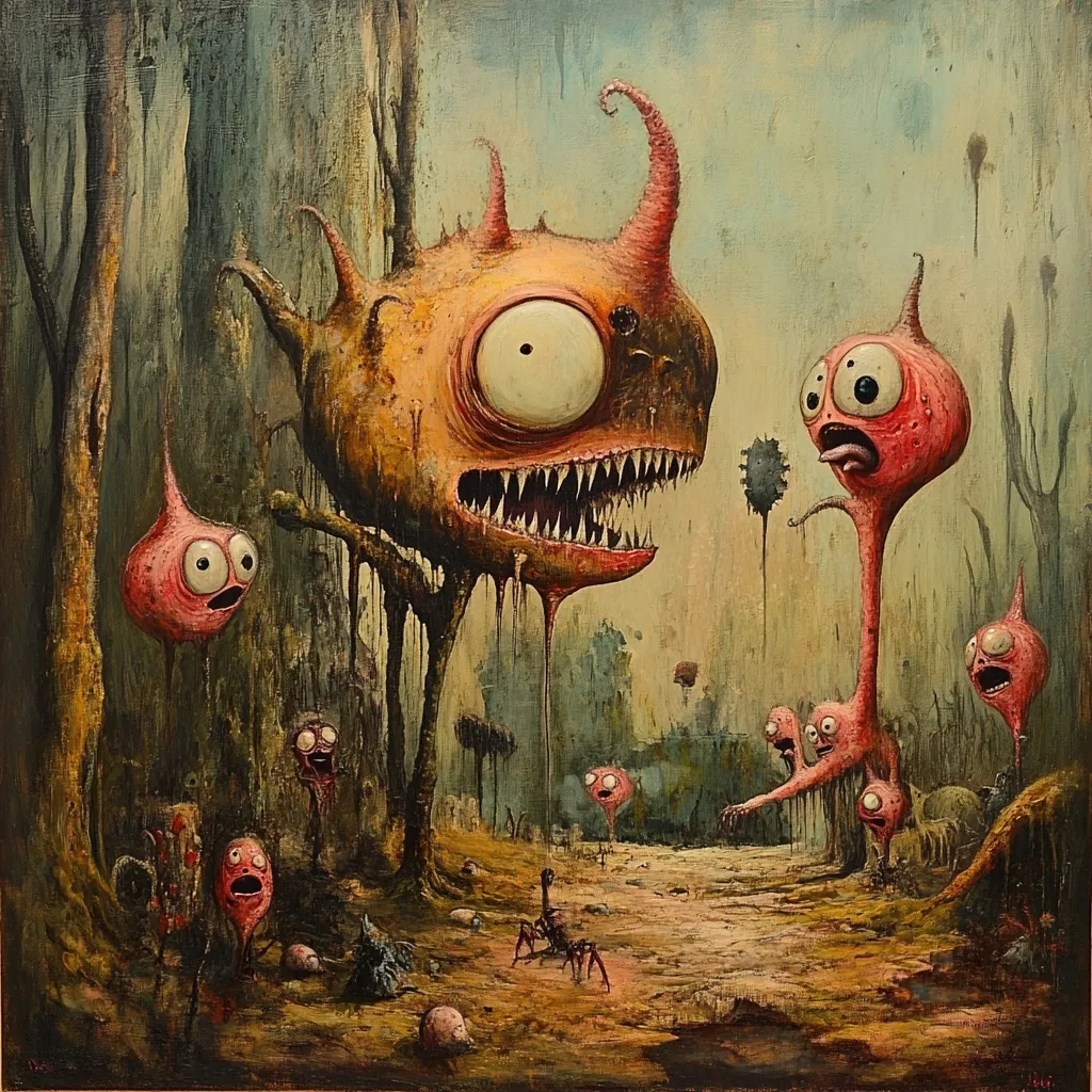A surreal landscape painting depicts a bizarre, grotesque scene. A large, orange, monstrous creature with sharp teeth dominates the foreground, seemingly confronting a smaller, pink, slender creature.  Several other small, pink, bulbous creatures with wide eyes are scattered throughout the scene, some appearing frightened.  The background is a dark, swampy area with skeletal trees, contributing to the overall unsettling and otherworldly atmosphere.  The style is reminiscent of fantasy illustration or dark fairytale art.  A small scorpion is visible in the middle ground. The overall palette is muted greens, browns, and the shocking pink of the smaller creatures, creating a dramatic contrast.