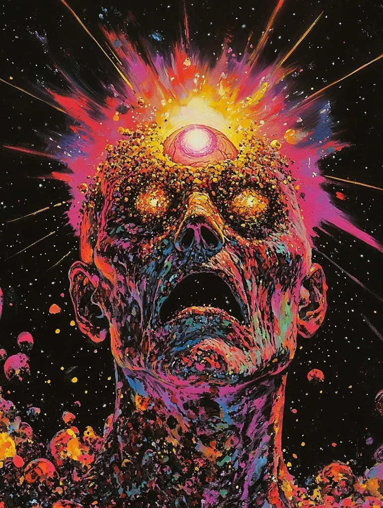 Here's a description of the image:

The artwork depicts a vibrant, surreal head and neck, seemingly exploding with cosmic energy.  The face is grotesque, yet strangely beautiful, rendered in a chaotic explosion of color and texture.  A radiant, glowing orb sits atop the head, as if a source of this inner light and disintegration.  The background is a dark, star-studded void, contrasting with the intense, swirling hues of pink, orange, yellow, and purple that dominate the figure.  The style suggests a blend of psychedelic art and cosmic horror, conveying a sense of both awe and unease.