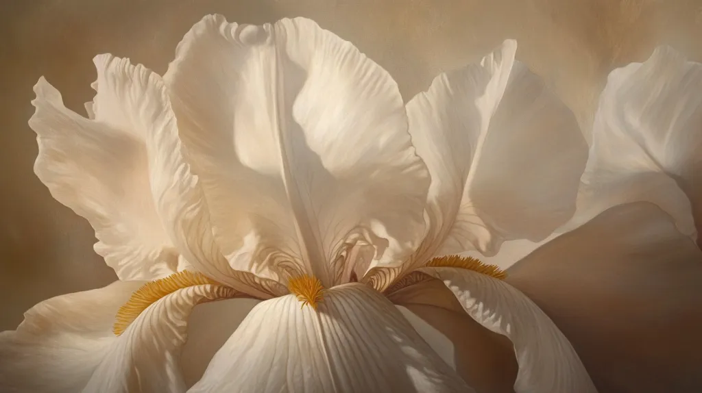 The image is a close-up, almost abstract, depiction of a creamy white iris. The petals are delicately rendered, showing subtle variations in texture and tone.  Light plays across the undulating surfaces, creating soft shadows and highlighting the delicate folds.  The golden stamens are a small but striking contrast against the pale flower, drawing the eye to the heart of the bloom. The overall effect is one of serene beauty and elegance.