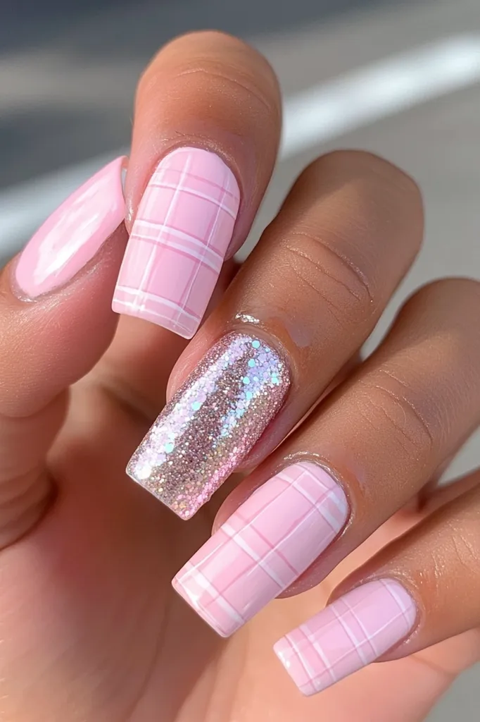 A close-up showcases a hand adorned with meticulously manicured nails.  Most nails feature a delicate pink plaid design on long, square-shaped acrylics.  One nail is accented with a shimmering, iridescent pink and gold glitter polish.  The skin tone is medium brown, and the overall aesthetic is clean, feminine, and stylish.