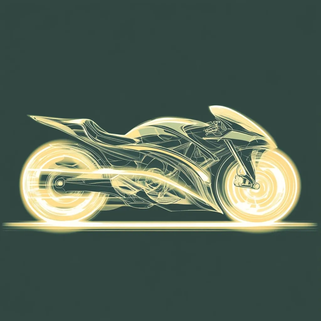 The image shows a stylized line drawing of a futuristic sportbike, rendered in pale yellow on a dark green background. The bike is depicted in motion, with glowing yellow lines suggesting speed around its wheels. The design is sleek and aerodynamic, with sharp angles and curves, giving a sense of power and agility. The overall effect is a blend of technological precision and artistic expression, suggesting a concept design or a futuristic vision of motorcycle design.