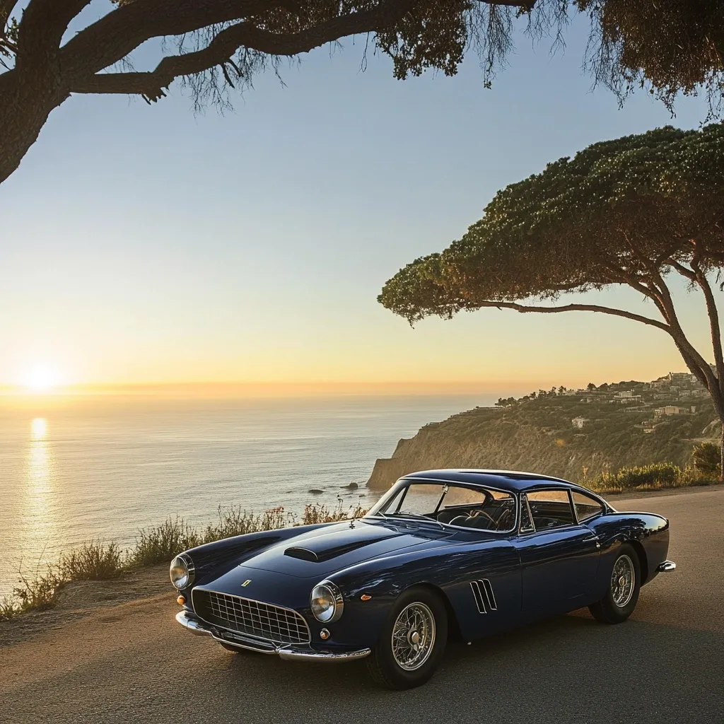 A classic dark blue Ferrari 250 GT Coupe is parked under the shade of a sprawling tree overlooking a breathtaking sunset over the Pacific Ocean.  The coastal cliffs and distant houses add to the idyllic scene, creating a picture of luxury and serenity. The sun's golden light casts a warm glow on the car and the tranquil ocean, enhancing the overall picturesque composition.