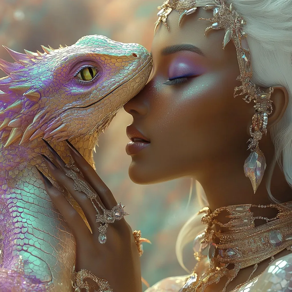Here's a description of the image:

A digital painting or rendering depicts a beautiful woman with long white hair and ornate gold jewelry, including a crown, earrings, necklace, and rings. Her skin has a pearlescent sheen, and her makeup features iridescent purple eyeshadow.  She is in close proximity to a fantastical, iridescent, lizard-like creature, their faces nearly touching in a tender moment. The creature has scales that shimmer with pink, purple, and gold. The overall aesthetic is ethereal and magical, with a soft, dreamlike quality to the lighting and background.