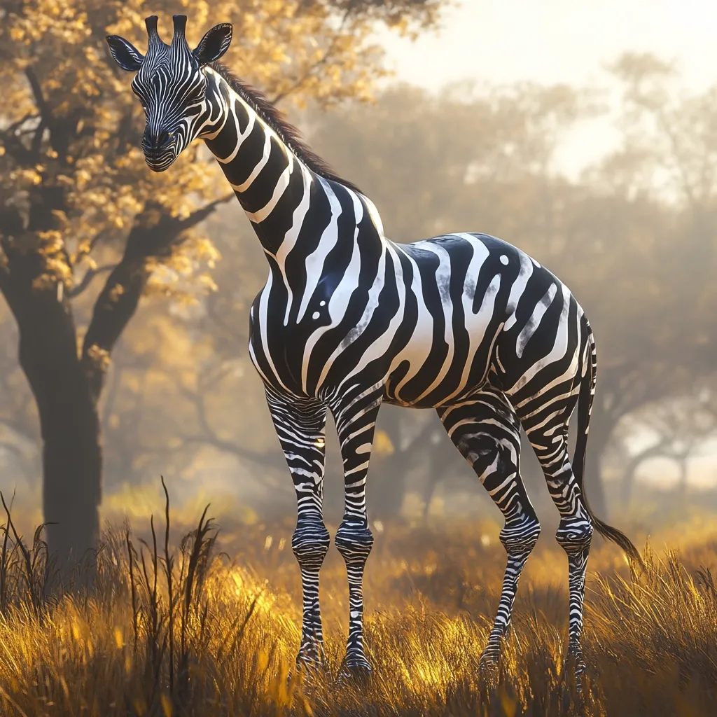 Here's a description of the image:

A striking digital rendering showcases a zebra standing in a sun-dappled savanna.  Its distinctive black and white stripes are sharply defined against the golden, tall grasses. The background is softly focused, featuring a hazy forest of trees with muted autumnal tones. The zebra is positioned slightly angled, giving a three-quarter view of its body.  The overall mood is peaceful and serene, highlighting the beauty of the animal in its natural habitat.  The lighting suggests either sunrise or sunset.