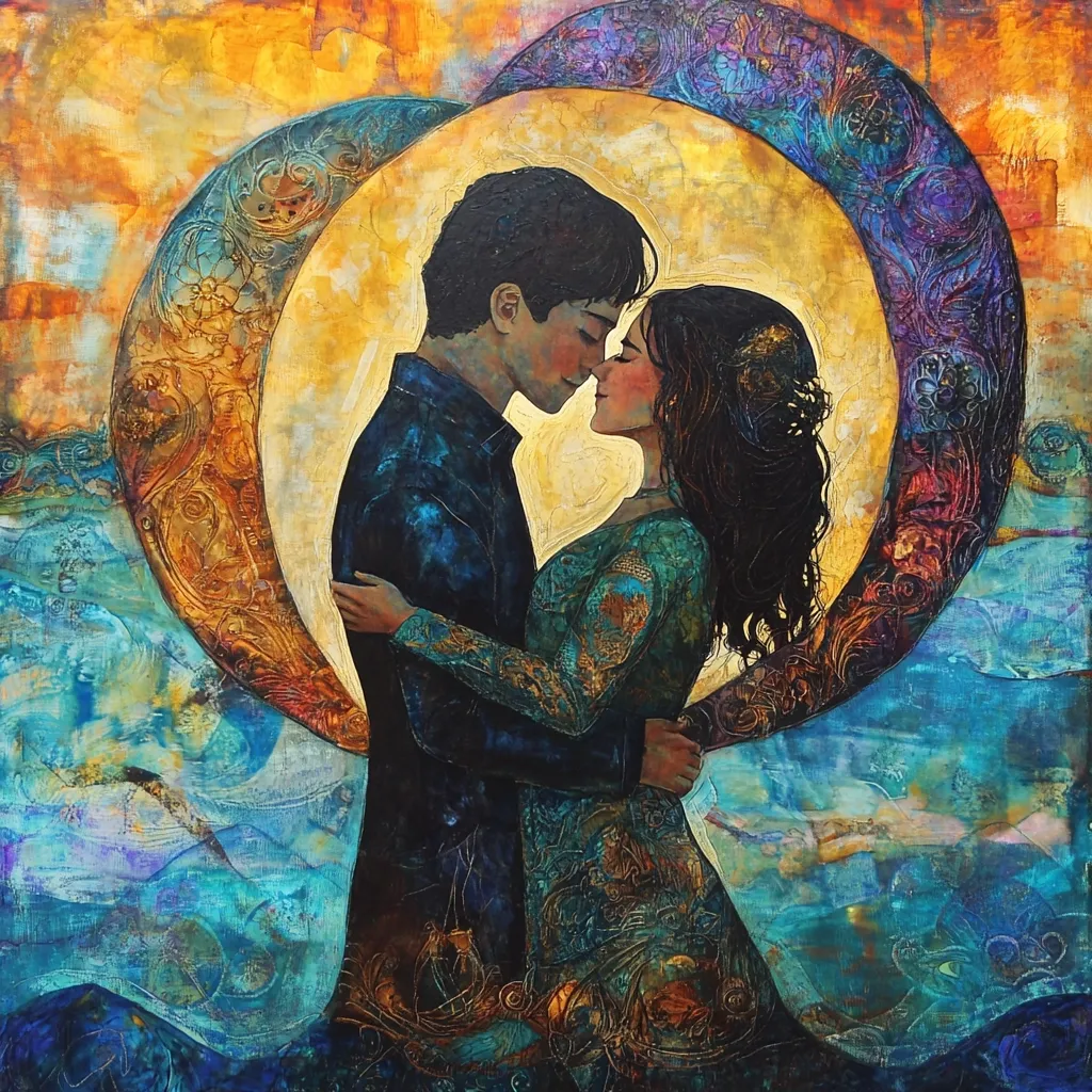 A richly textured painting depicts a young couple embracing, their faces almost touching in a tender moment.  They are positioned within a large, ornate, golden moon-like circle, which is itself set against a swirling backdrop of blues and golds suggestive of water and sky. The couple's clothing is detailed with intricate patterns in shades of teal and dark blue, mirroring the artistic style of the background.  The overall mood is romantic and ethereal, with a slightly mystical quality.