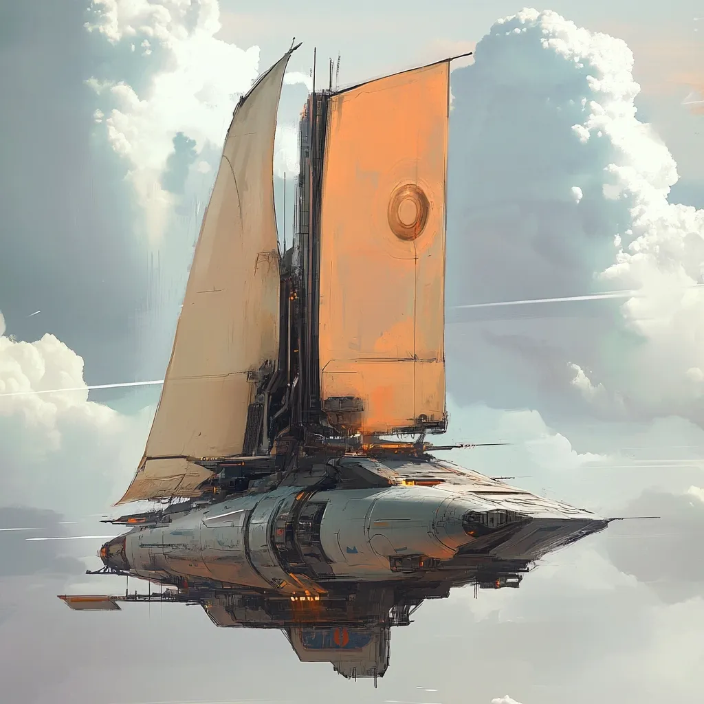 Here's a description of the image:

The artwork depicts a futuristic, sail-powered vessel floating in a cloudy sky. The ship has a sleek, elongated body with visible engines and technological details.  Large, sail-like structures, one light beige and the other a muted orange, are attached to the main body, suggesting a method of propulsion utilizing solar winds or a similar energy source. The style is painterly and evocative, with soft edges and a blend of realistic and fantastical elements, creating a sense of wonder and mystery. The overall mood is serene, emphasizing the vessel’s graceful movement through the sky.