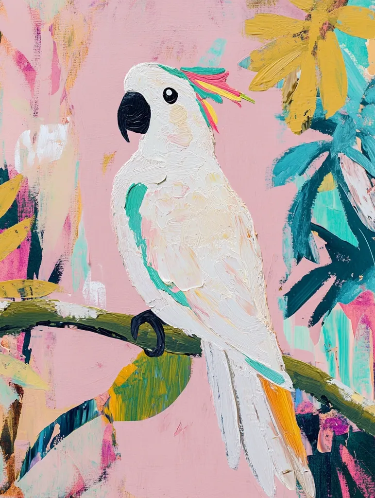 Here's a description of the image:

The painting is a vibrant, expressive depiction of a white cockatoo perched on a branch.  The bird is rendered with thick, visible brushstrokes of white, yellow, and teal, giving it a textured, almost three-dimensional quality. The background is a playful mix of pink, teal, and yellow, suggestive of tropical foliage, with loose, abstract brushwork creating a sense of energy and movement.  The overall style is modern and impressionistic, prioritizing color and texture over precise detail. The pink background provides a soft contrast to the bright hues of the bird and foliage.