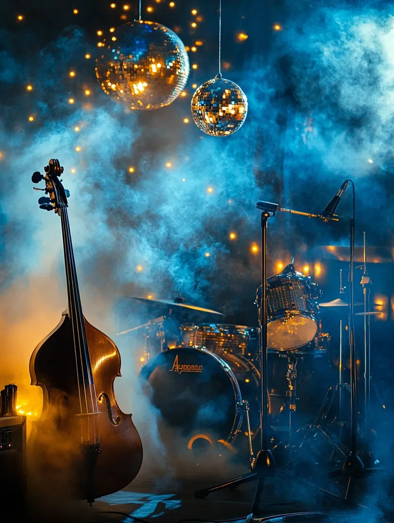 A dimly lit stage is set with a double bass in the foreground, bathed in atmospheric blue and orange smoke.  Behind it, a drum kit is partially obscured by the haze.  Two disco balls hang from the ceiling, casting sparkling reflections.  A microphone stand is positioned center, adding to the concert-like atmosphere. The overall mood is one of mystery and anticipation, suggestive of a performance about to begin.