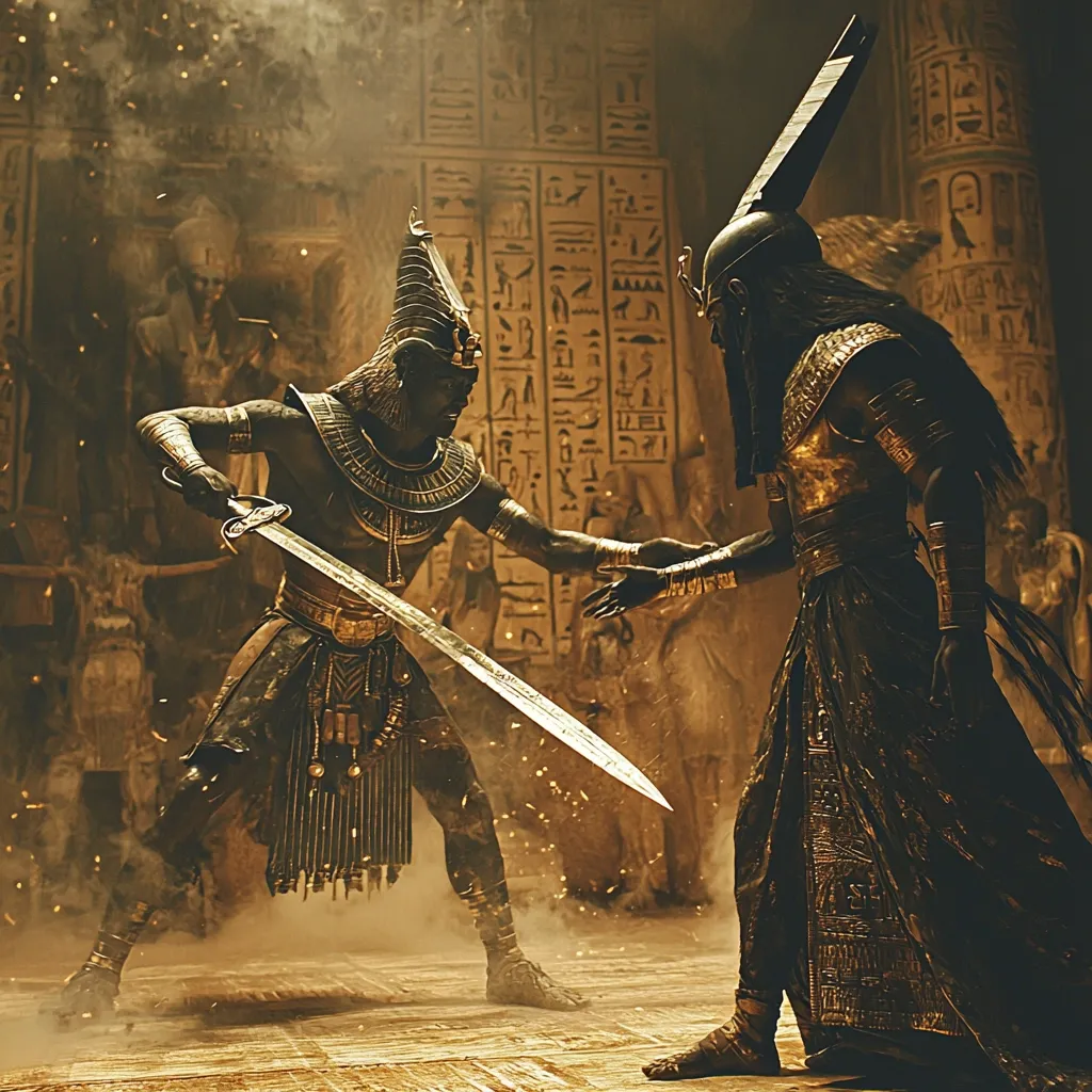 The image depicts a dramatic confrontation between two figures adorned in elaborate ancient Egyptian attire.  One, wielding a long sword, is in a stance suggesting imminent attack, while the other, equally regal, seems to offer a hand in a gesture of challenge or defiance.  Both wear ornate headdresses and gold-embossed garments, set against a backdrop of hieroglyph-covered walls and swirling dust, creating a scene of intense power and conflict within a temple-like setting.  The lighting and atmosphere evoke a sense of ancient mystery and impending battle.
