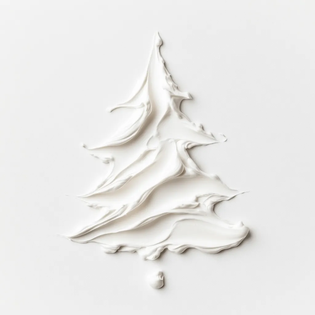 A minimalist image depicts a stylized Christmas tree formed from swirls of white cream or paint.  The texture is thick and uneven, creating a sense of organic movement. The tree shape is somewhat abstract, with branches suggested by flowing lines. A small drop of the same substance sits below the tree, completing the composition against a plain white background. The overall aesthetic is clean, modern, and subtly festive.