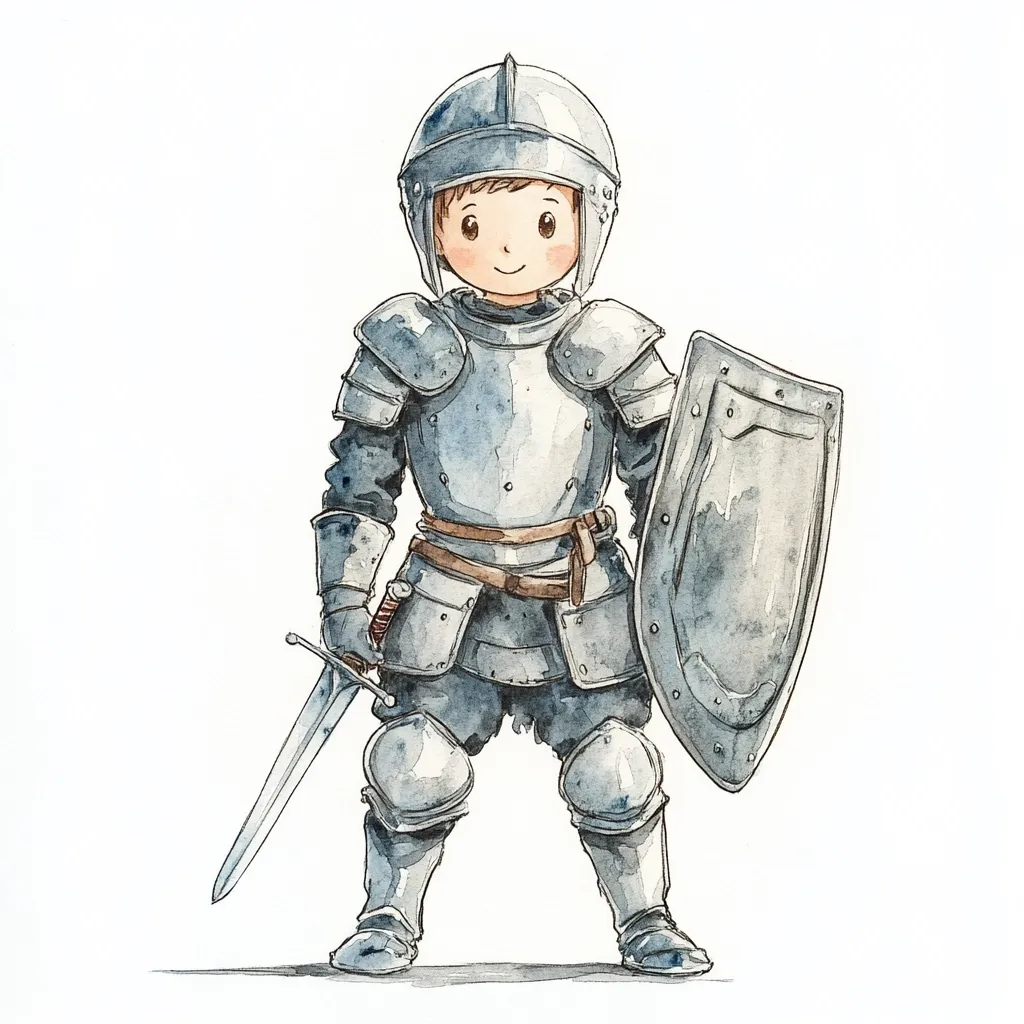 Here's a description of the image:

A watercolor painting depicts a charming, youthful knight.  The young knight is fully armored, wearing a silver suit of armor complete with helmet, shield, and sword. Their expression is sweet and innocent, contrasting with the formidable nature of their attire.  The armor is detailed, showing texture and slight shading, creating a realistic yet whimsical feel. The background is plain white, focusing all attention on the miniature knight. The overall style is reminiscent of children's book illustrations.