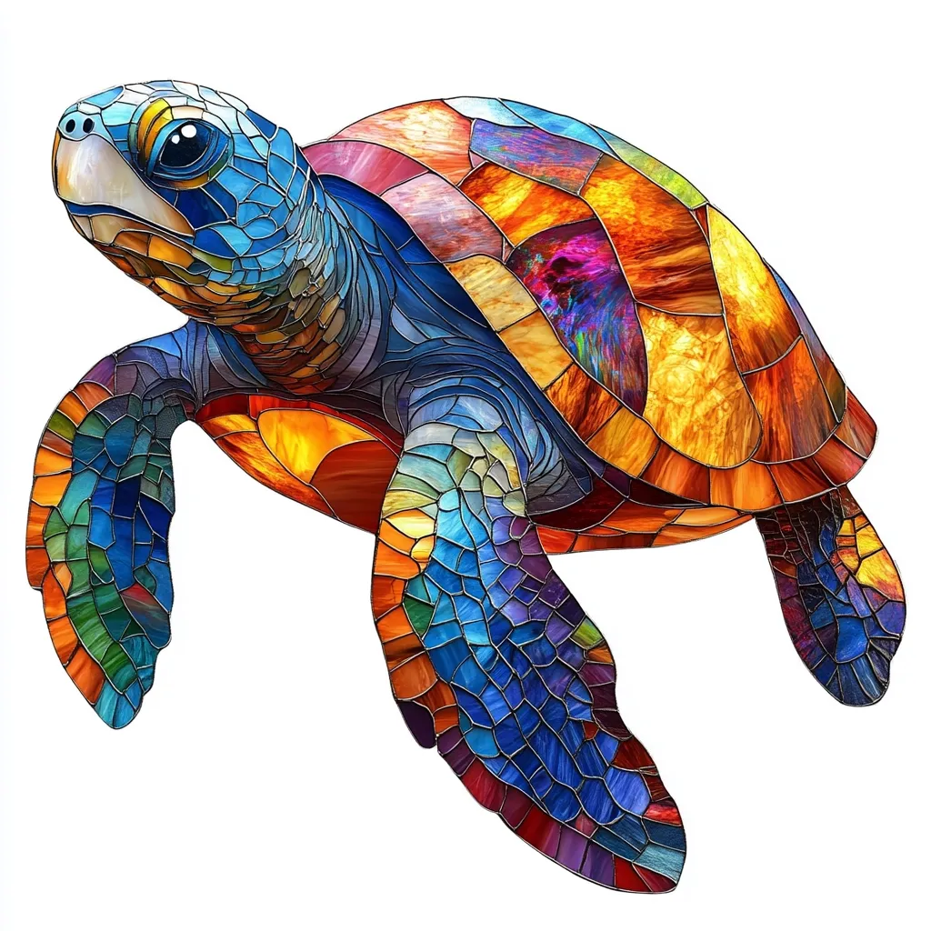 Here's a description of the image:

The image showcases a vibrant stained-glass sea turtle, rendered in a style that suggests a rich, jewel-toned palette.  Blues, oranges, reds, and purples dominate the design, creating a mosaic effect across the turtle's shell and flippers. The shell is particularly striking, with varying shades and intensities of color that suggest depth and texture.  The turtle's features are clearly defined, with expressive eyes and a detailed head. The overall impression is one of beauty and intricate artistry. The white background isolates the turtle, emphasizing its colorful form.