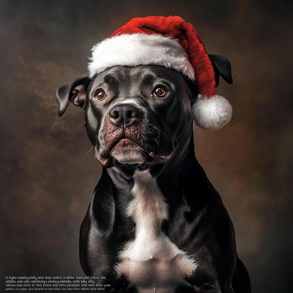 Here's a description of the image:

Close-up view of a black Pit Bull wearing a Santa hat.  The dog is positioned slightly angled, gazing towards the viewer with a serious yet somewhat endearing expression. Its fur is predominantly black with small white markings on its chest. The Santa hat is bright red with white fur trim, adding a festive touch to the image. The background is a muted brown, softly blurred, focusing attention on the dog. The overall mood is one of holiday cheer and gentle strength.