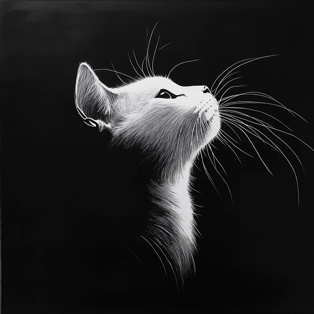 A striking black and white artwork depicts a cat's profile, rendered in meticulous detail.  The cat's head is tilted upwards, its whiskers extending dramatically against the dark background.  The white fur is depicted with delicate, fine lines, creating a sense of texture and depth. The contrast between the white cat and the black canvas enhances its elegant form and contemplative gaze. The overall style is reminiscent of a scratchboard or pen-and-ink drawing.