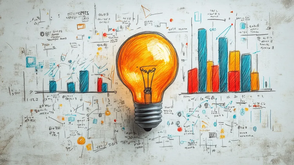 A bright, glowing lightbulb is centrally positioned against a backdrop of hand-drawn charts, graphs, and diagrams on a textured white surface. The sketches, rendered in various colors, suggest brainstorming and data analysis.  The image evokes a concept of innovative ideas leading to business growth and success, visually representing the connection between creativity and analytical thinking. The overall style is informal and visually engaging, reminiscent of a whiteboard brainstorm session.