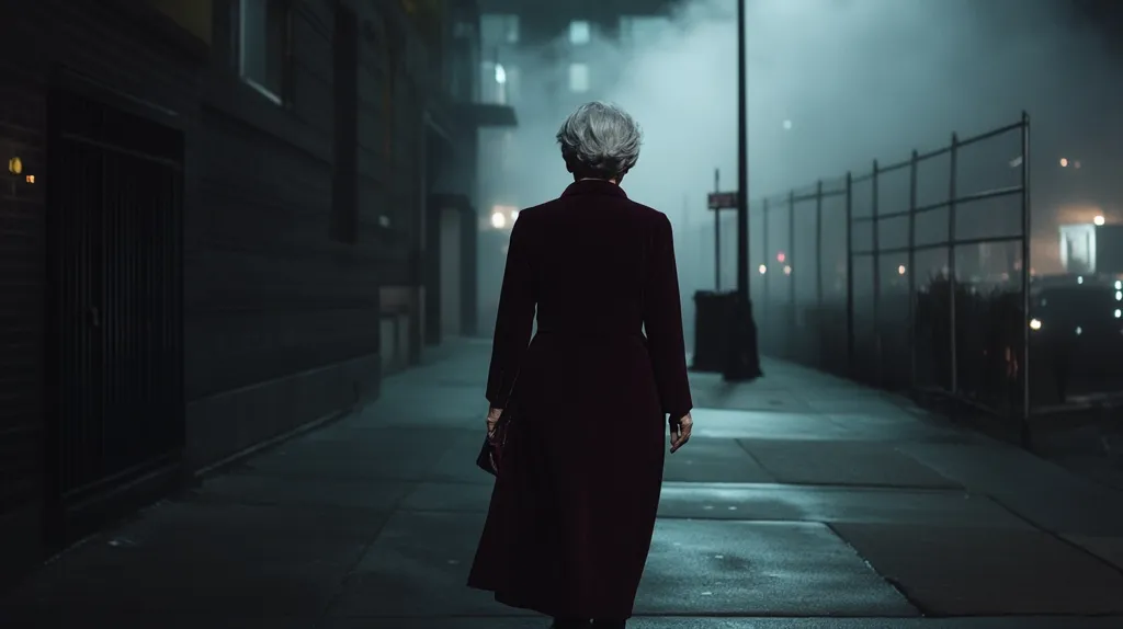 A woman with short, gray hair walks down a dimly lit city alley at night. She's wearing a long, dark burgundy coat and carries a small handbag.  The atmosphere is somber and mysterious, with fog obscuring the background and a chain-link fence visible on the right. The scene evokes a sense of loneliness and perhaps unease. The alley's dark buildings and muted lighting contribute to the overall mood.