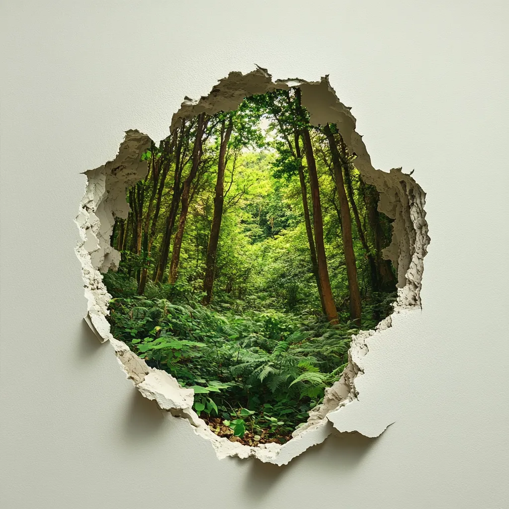 A hole in a light beige wall reveals a vibrant, sun-dappled forest scene. Tall trees stand densely packed, their leaves a lush green. The foreground shows a carpet of ferns and undergrowth. The irregular tear in the wall is textured and shows broken plaster, creating a stark contrast with the peaceful natural image within. The composition suggests a break from reality, a glimpse into nature, or a symbolic representation of nature's power.