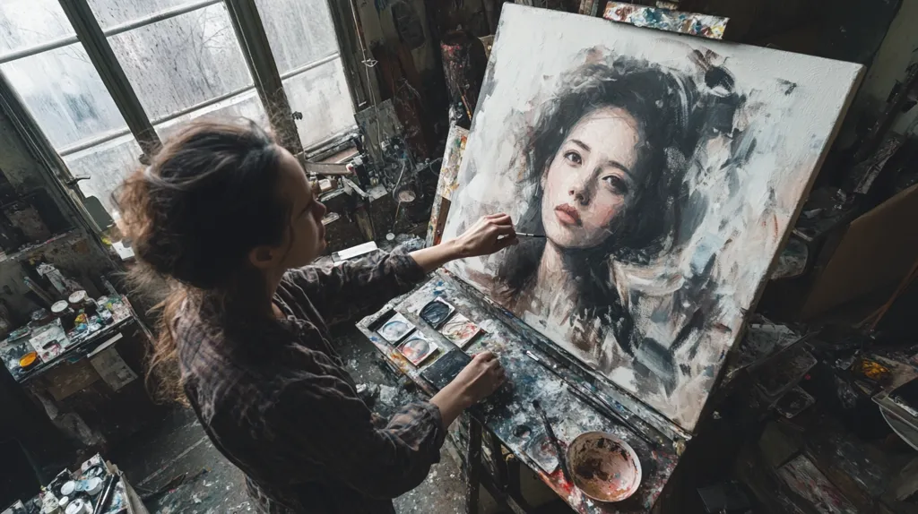 High-angle view of a female artist meticulously working on a large canvas depicting a woman's portrait.  The artist, with her hair in a loose bun, is intensely focused, using a brush and palette with various paints. The artist's studio is cluttered but creatively organized, with paint supplies and other canvases visible. Natural light streams through a large window behind the artist, illuminating the scene. The overall mood is one of quiet concentration and artistic passion.