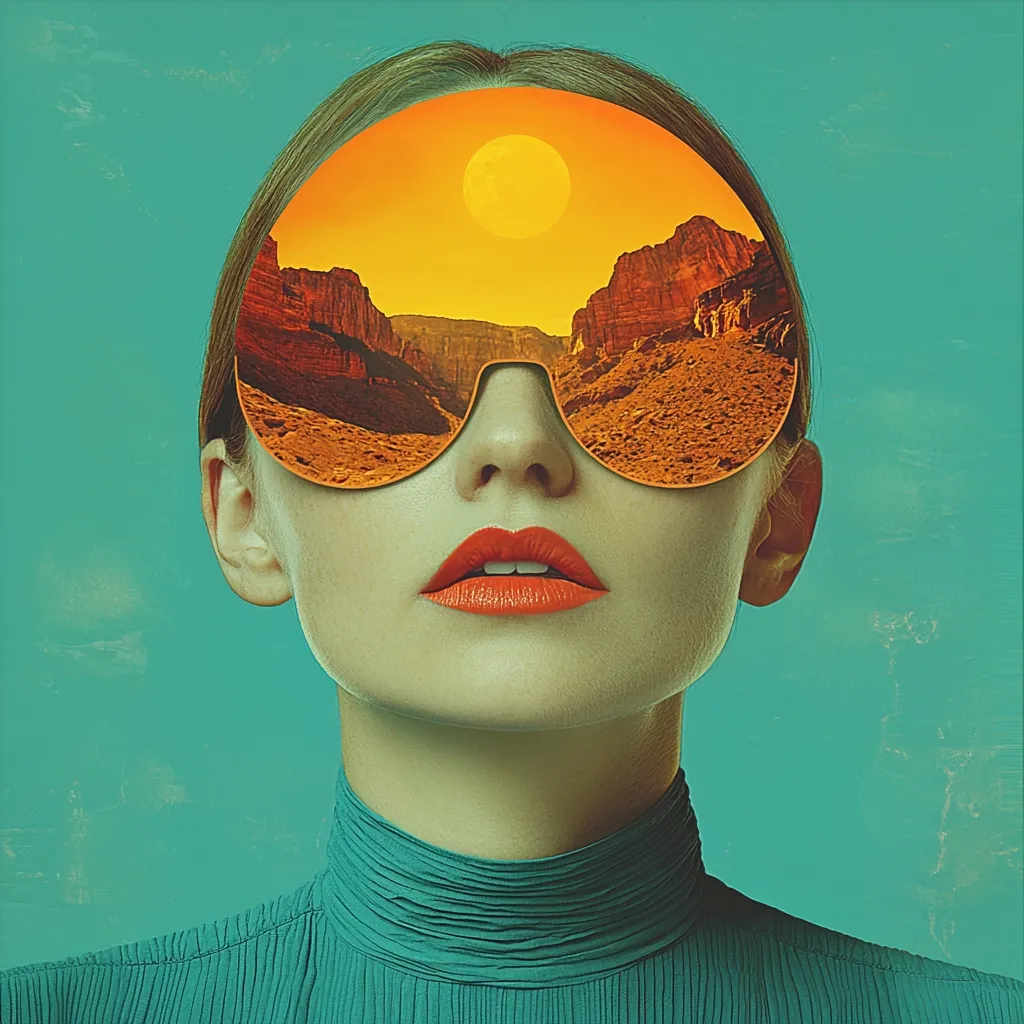Here's a description of the image:

The image is a stylized portrait of a woman, possibly a digital collage or artwork.  She is wearing large, oversized sunglasses with reflective lenses. The reflection shows a desert landscape with a bright sun and reddish-brown rock formations.  The woman's face is serene, and she sports bright orange lipstick. She's wearing a teal turtleneck top against a teal-green background. The overall aesthetic is retro and somewhat surreal, combining elements of fashion photography and landscape imagery.  The colors are bold and saturated, contributing to the image's striking effect.