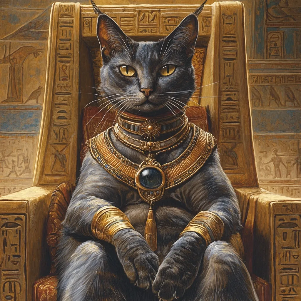 Here's a description of the image:

The artwork depicts a regal-looking gray cat seated majestically on an ornate throne, reminiscent of ancient Egyptian design. The throne is richly carved with hieroglyphs and features golden accents. The cat is adorned in elaborate gold jewelry, including a broad collar, multiple bracelets on its forepaws, and a long pendant featuring a large, dark blue gemstone. The cat's expression is serious and dignified. The background suggests an ancient Egyptian setting, with wall carvings visible. The overall style is realistic, with attention to detail in the fur, jewelry, and throne's craftsmanship. The image evokes a sense of power and ancient mystique.