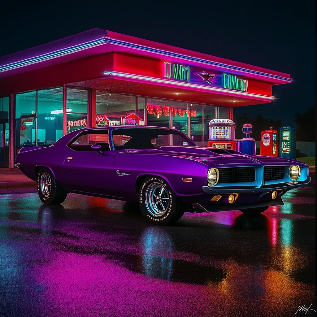 A vibrant purple classic muscle car, possibly a Plymouth Road Runner or similar model, gleams under neon lights at a retro-style gas station.  The wet pavement reflects the car and the brightly lit building, creating a striking contrast of color and light.  The scene evokes a nostalgic, almost surreal, atmosphere of a bygone era.  The gas station itself features vintage signage and equipment, enhancing the overall retro aesthetic.