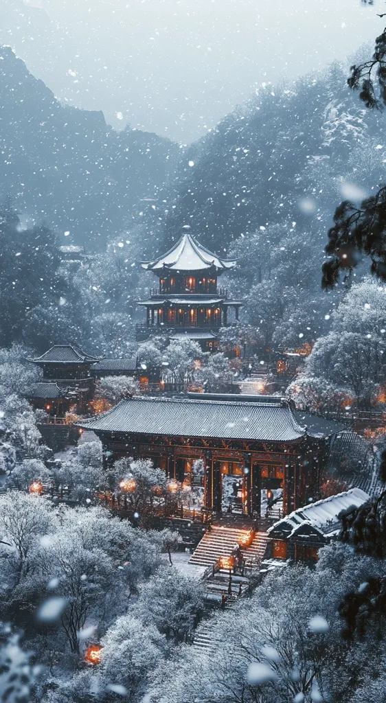 A snow-covered mountain temple complex is depicted in this image.  Snow falls softly over traditional East Asian architecture, illuminating warm lights from within the buildings.  The scene is serene and picturesque, with snow-laden trees and paths winding through the complex, set against a backdrop of snow-dusted mountains.  The overall atmosphere is one of quiet beauty and winter tranquility.
