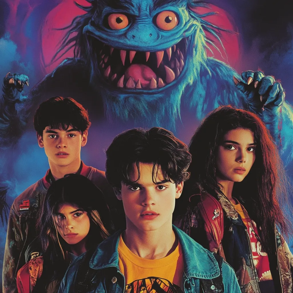 The poster features four teenagers positioned in front of a large, menacing blue monster.  The monster is brightly lit, its sharp teeth and wide eyes creating a sense of fear.  The teens, two boys and two girls, have varying expressions—some appear worried, others defiant. Their clothing suggests a modern setting, contrasting with the seemingly retro style of the monster. The overall tone is one of suspense and impending danger. The color palette is dark and vibrant, drawing the viewer’s eye to the central monster.