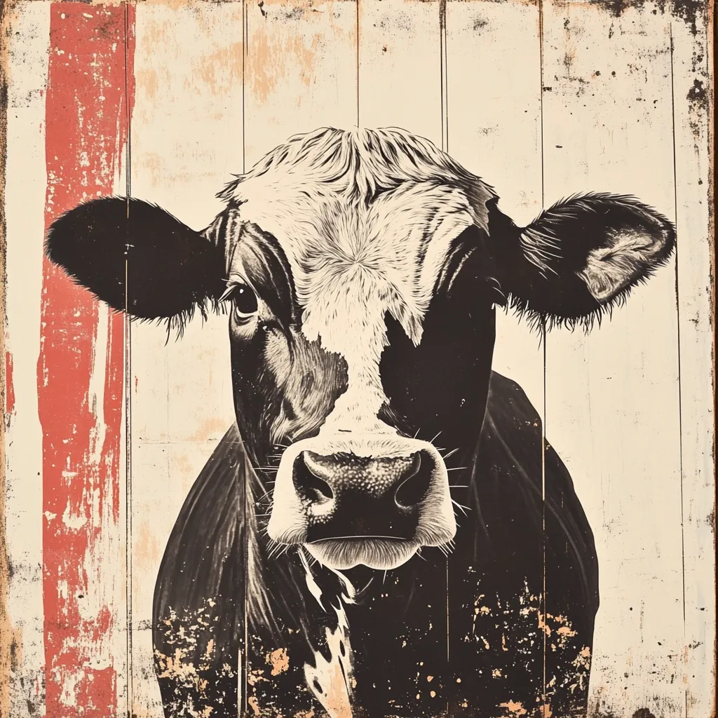 Here's a description of the image:

The image is a stylized depiction of a cow's head and shoulders, rendered in black and white with sepia undertones.  The cow appears to be a black and white breed, with detailed shading emphasizing its features. The background is a distressed, off-white wooden plank texture, with a vertical stroke of reddish-orange paint on the left side. The overall style suggests a rustic, vintage aesthetic, possibly suitable for farmhouse décor. The cow's gaze is directly at the viewer, creating a sense of connection.