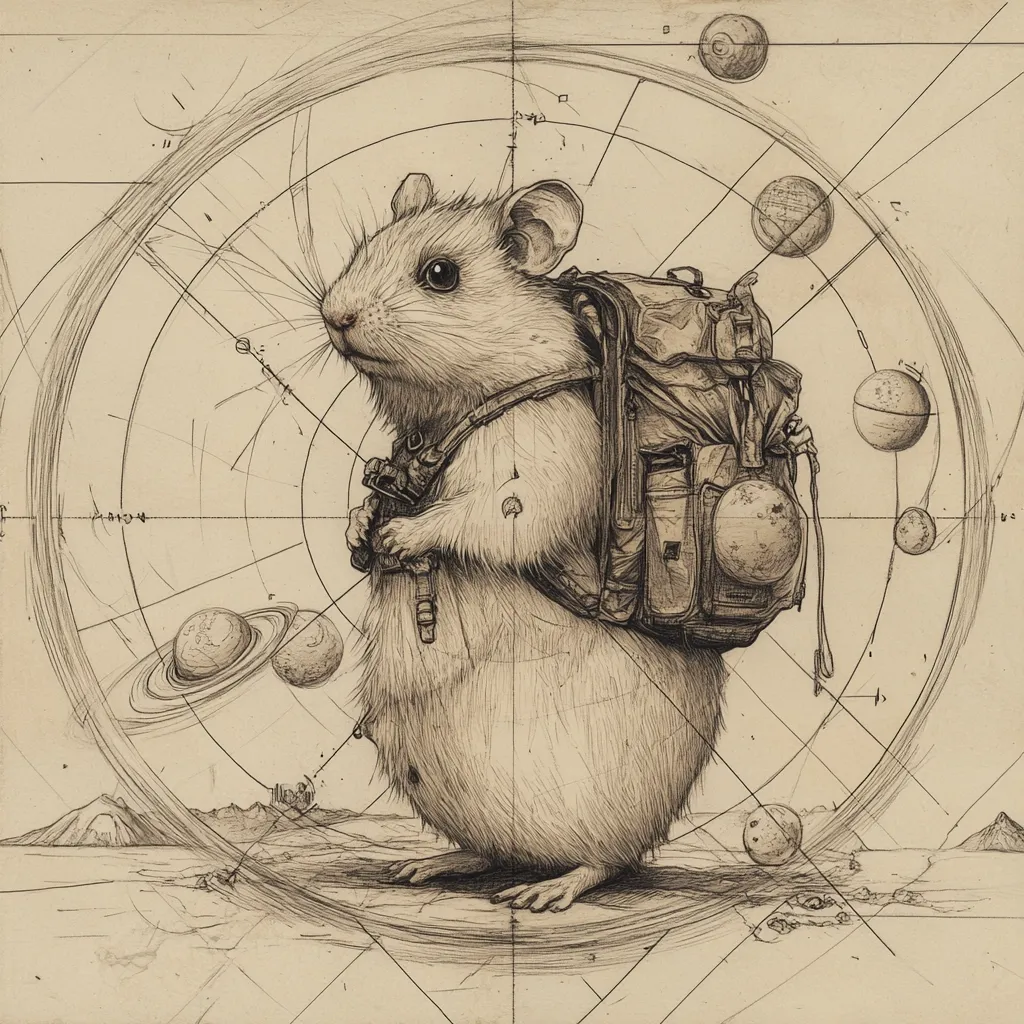 Here's a description of the image:

The monochromatic drawing depicts a hamster, rendered in meticulous detail, carrying a large backpack. The hamster stands on a barren, desolate landscape, possibly an alien planet, suggested by the background's rocky terrain and several celestial bodies orbiting in a circular pattern around it. The drawing style is reminiscent of technical sketches, with geometric lines and diagrams overlaying the scene, enhancing the sense of exploration and scientific observation. The overall mood is one of quiet adventure and unexpected scale.