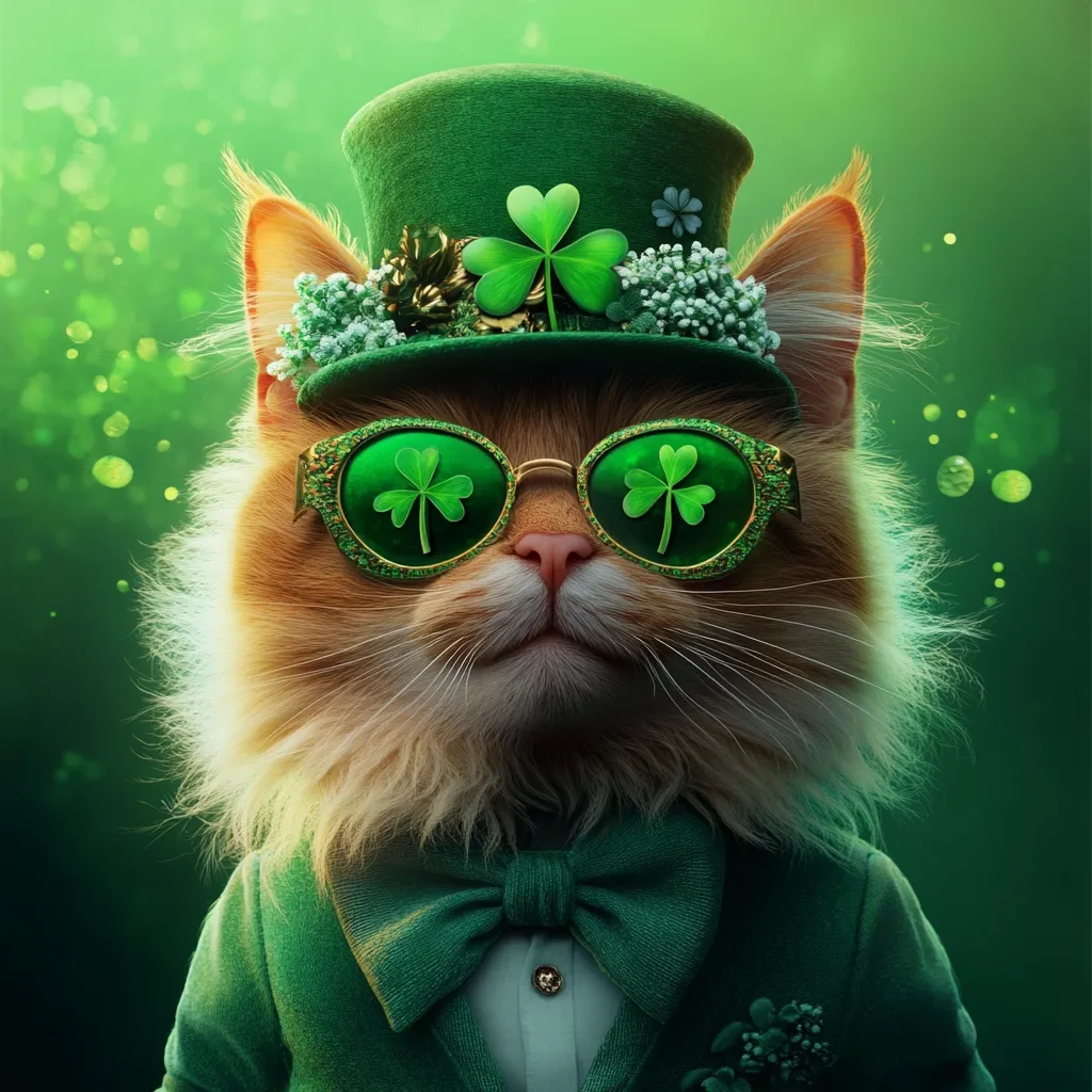 Here's a description of the image:

A fluffy ginger cat is dressed in festive St. Patrick's Day attire.  It wears a green top hat adorned with shamrocks and tiny white flowers,  stylish round sunglasses with shamrock designs, and a matching green bow tie on a green suit. The cat's expression is serene and dignified. The background is a blurred green bokeh, enhancing the celebratory mood. The overall image is whimsical and charming, perfectly capturing the spirit of the holiday.