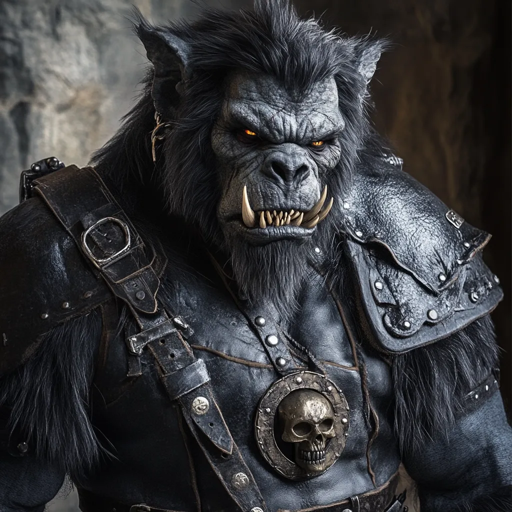 A close-up depicts a formidable, anthropomorphic creature, possibly a fantasy orc or similar, clad in dark, studded leather armor.  Its face is grim, with glowing yellow eyes and prominent tusks.  The creature's dark fur and muscular physique convey strength and menace. A skull emblem adorns its chest piece, adding to the overall dark and imposing aesthetic.  The background is blurred, focusing attention on the figure.