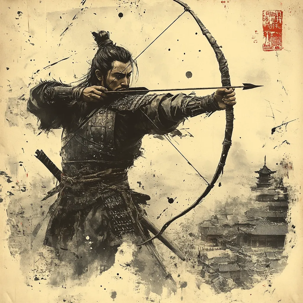 A dramatic, sepia-toned artwork depicts a samurai archer in mid-shot, his focus intense as he aims his large bow and arrow.  He's clad in traditional dark armor, his long hair tied up, against a background suggesting a weathered parchment or scroll.  A partially-visible city with Asian architecture is in the background, creating a sense of historical context and potential conflict. The style is reminiscent of a Japanese woodblock print or ink painting, with splatters and texture enhancing the aged look.