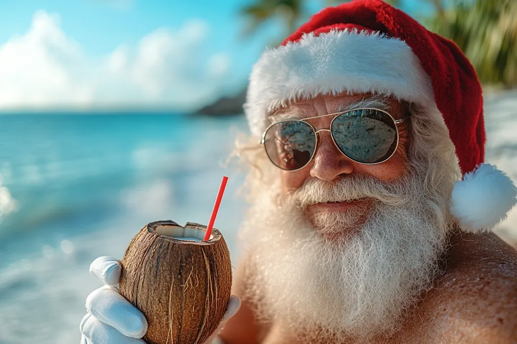 Here's a description of the image:

A close-up shot depicts Santa Claus, shirtless, wearing sunglasses and a Santa hat, enjoying a tropical drink in a coconut shell on a sunny beach.  The background is blurred but shows a turquoise ocean and white sand.  Santa's long white beard is prominent, and he holds the coconut drink with a white glove.  The overall mood is lighthearted and humorous, suggesting a tropical Christmas vacation.
