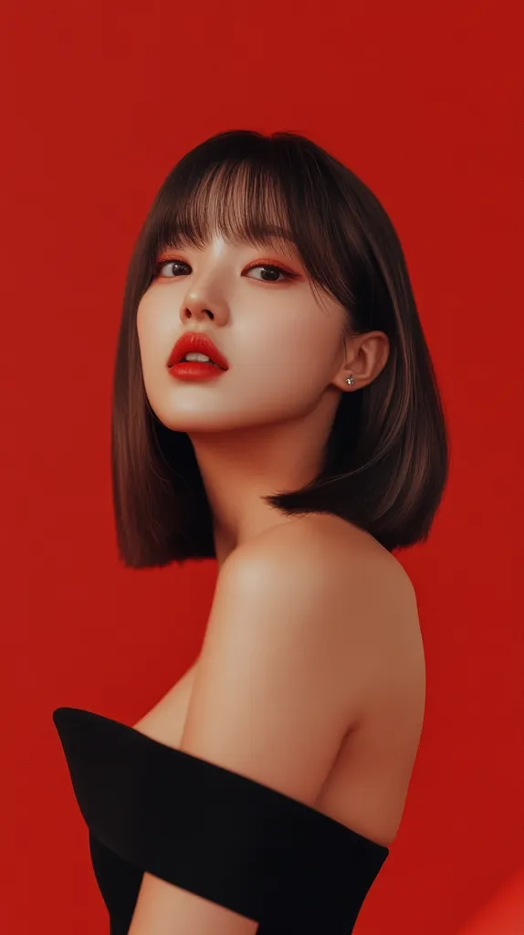 A young woman with a blunt bob hairstyle and bangs poses against a vibrant red backdrop. She's wearing a simple black off-the-shoulder top, her makeup features bold red lipstick, and her expression is confident and direct.  The contrast between her dark hair, black top, and the red background creates a striking visual effect.  The overall image is sleek and modern.