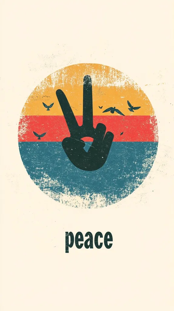 The image is a stylized peace poster.  A dark silhouette of a hand forming a peace sign is centrally positioned against a distressed, circular backdrop reminiscent of a vintage sunburst in orange, red, and teal.  Several small, silhouetted birds are scattered around the hand, adding to the peaceful theme.  The word "peace" is printed below, completing the design with a bold, simple font.  The overall effect is a retro-inspired graphic conveying a message of tranquility and harmony.