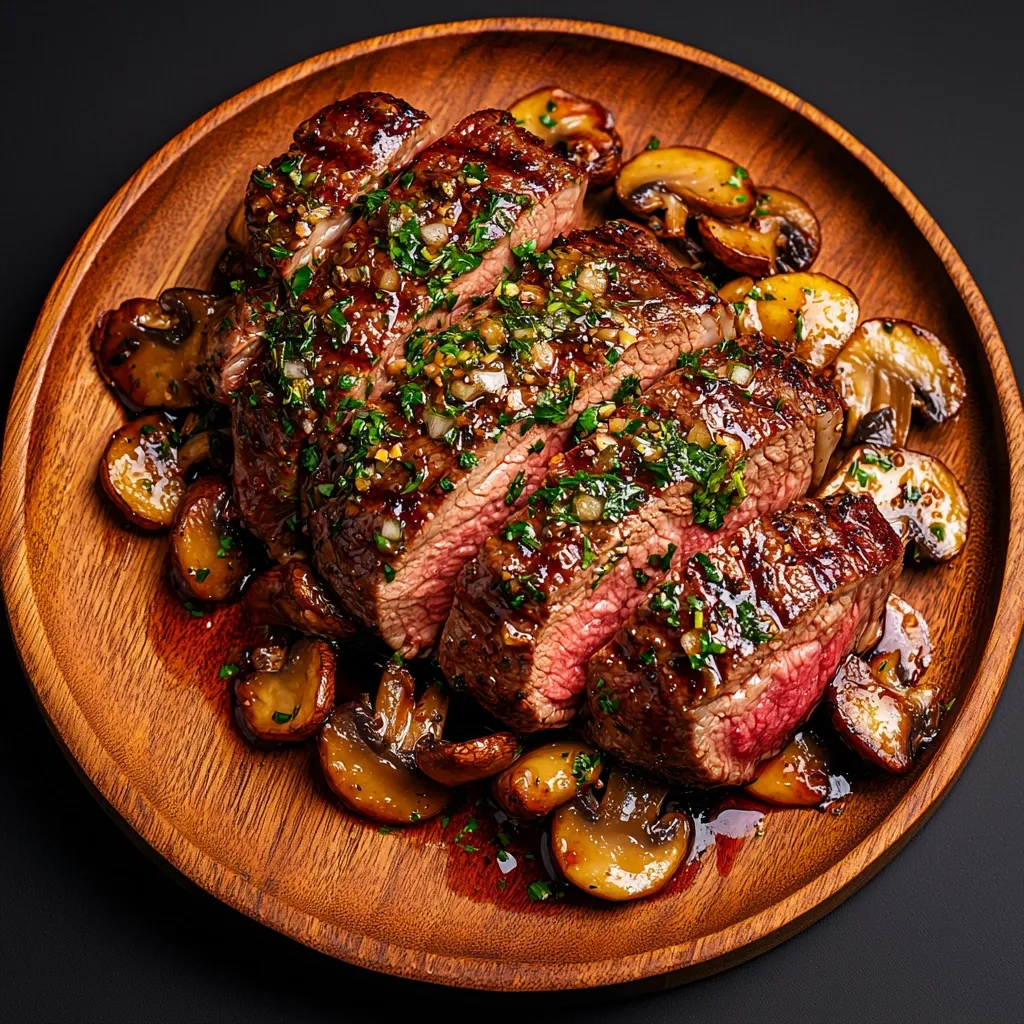 Here's a description of the image:

A perfectly seared steak, sliced and generously drizzled with a vibrant green herb sauce, is the centerpiece of a rustic wooden plate.  Surrounding the steak are sautéed mushrooms, glistening with their own juices. The rich, dark color of the meat contrasts beautifully with the earthy tones of the mushrooms and the warm brown of the wooden plate.  The overall presentation is elegant yet hearty, suggesting a delicious and satisfying meal. The dark background enhances the food's visual appeal.