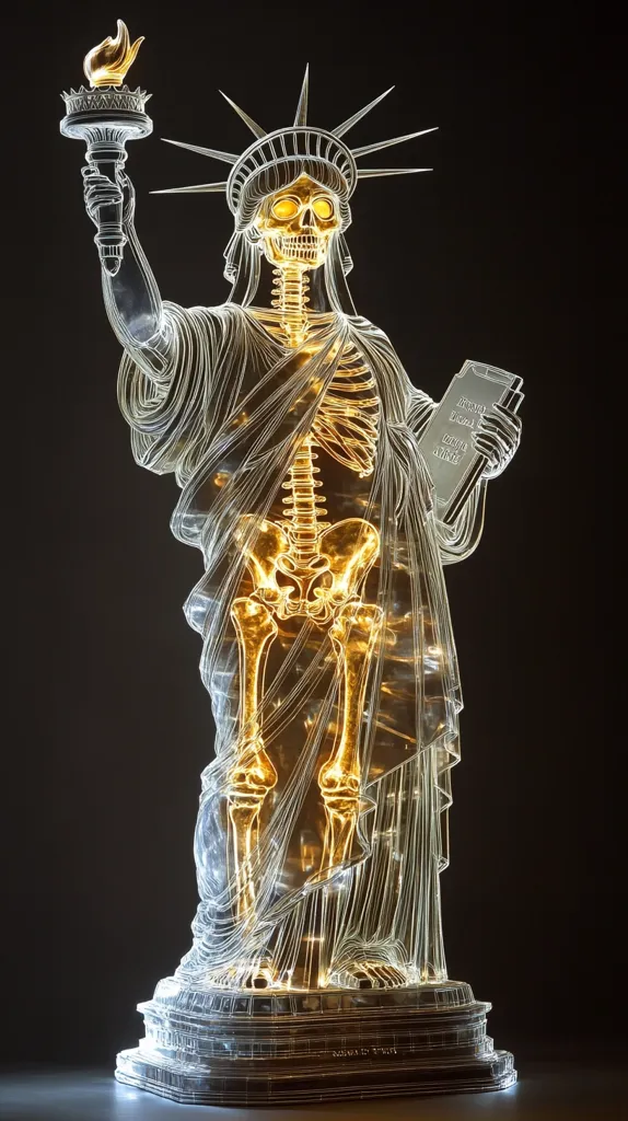 Here is a description of the image:

The image showcases a stylized rendering of the Statue of Liberty, appearing translucent and revealing a glowing golden skeleton within.  The figure holds a torch in one hand and a book in the other. The skeletal structure is intricately detailed, contrasting with the ethereal quality of the statue's outer form. The background is uniformly dark, drawing focus to the luminous, almost x-ray-like statue. The overall effect is both haunting and awe-inspiring, suggesting mortality or fragility juxtaposed with enduring symbolism.
