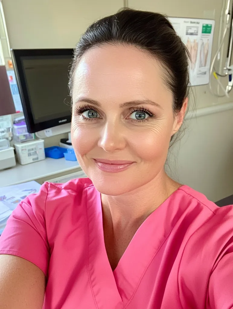 Here's a description of the image:

Close-up portrait of a woman with dark brown hair pulled back in a bun. She's wearing a vibrant pink V-neck scrub top. Her expression is friendly and approachable, with a soft smile.  The background is blurred but shows a medical setting, with a computer monitor and what appears to be medical charts visible. The overall impression is one of a healthcare professional, possibly a nurse or doctor, in a relaxed yet professional setting.