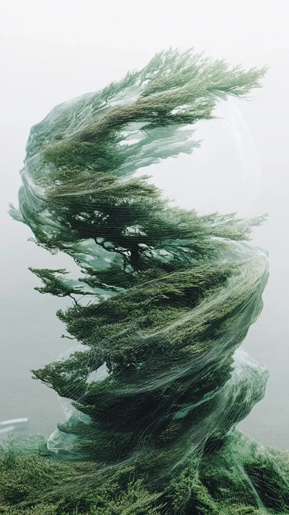 Here is a description of the image:

The photograph presents a surreal depiction of a tree seemingly enveloped in a large, translucent, web-like material. The tree's branches are contorted and windswept, creating a dynamic, almost swirling effect. The overall color palette is muted greens and grays, enhancing the ethereal atmosphere. The background is a hazy, indistinct landscape, suggesting fog or mist, further contributing to the dreamlike quality of the image. The composition is striking, with the tree's form dominating the frame, creating a strong visual impact.  The image suggests a blend of nature and an otherworldly element, possibly hinting at themes of environmental fragility or transformation.