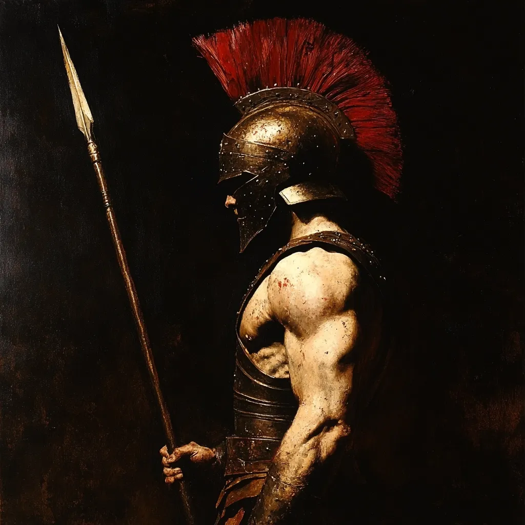 The painting depicts a powerful, muscular Spartan warrior in profile, viewed from the side. He's clad in bronze armor, a helmet adorned with a vibrant crimson plume, and grips a long spear.  The dark background and chiaroscuro lighting technique highlight his physique and the textures of his armor. The overall mood is one of stoic strength and readiness for battle, conveying a sense of classical heroism. The artist's style is realistic with a dramatic, almost painterly feel.