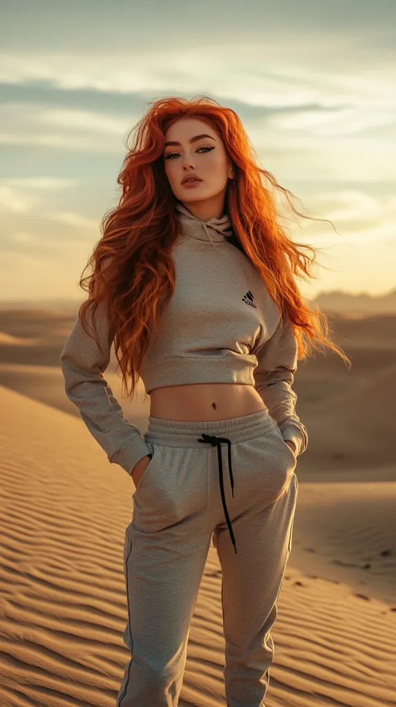 A young woman with vibrant, long red hair stands in a desert landscape. She's wearing a light grey Adidas cropped hoodie and matching sweatpants, her hands casually in her pockets. The setting sun casts a warm glow on the sand dunes, creating a dramatic contrast with her bright attire.  Her confident pose and intense gaze directly at the camera add to the image's captivating aura.