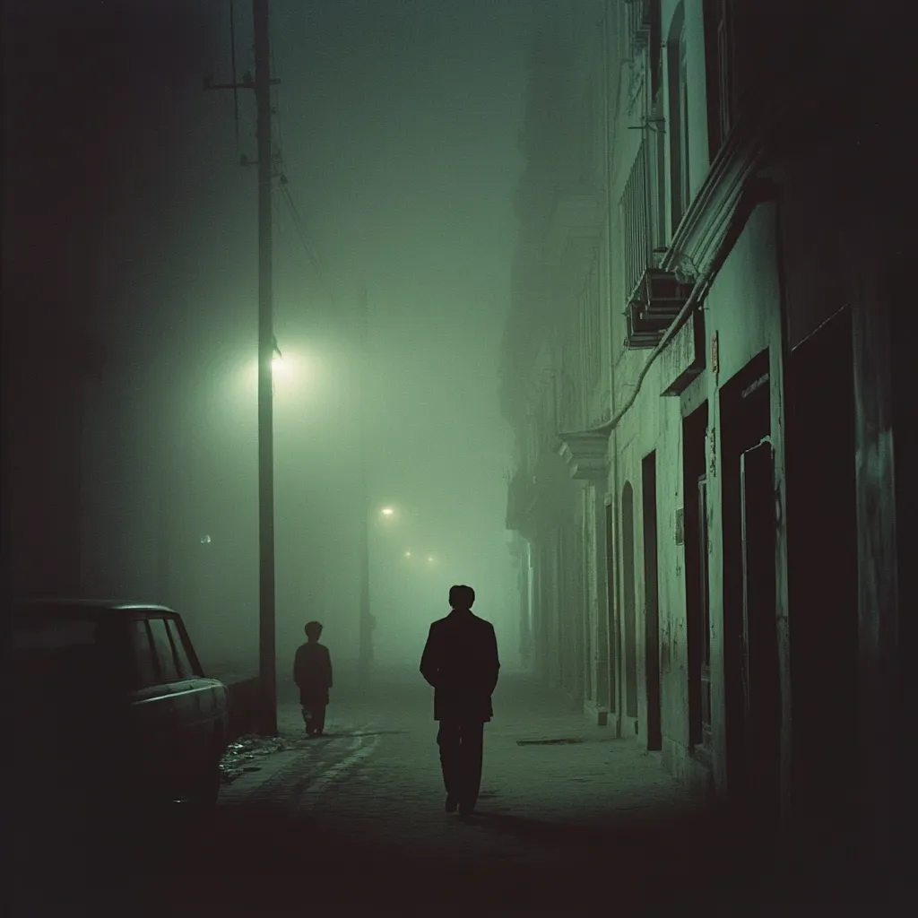 A misty, dimly lit street scene at night. Two lone figures, silhouetted against the fog, walk along a cobbled road lined with tall, shadowy buildings. Faint lamplight casts an eerie green glow, illuminating the scene with a melancholic ambiance. A parked car sits in the background, further emphasizing the quiet solitude of the street. The overall atmosphere is mysterious and somewhat haunting.