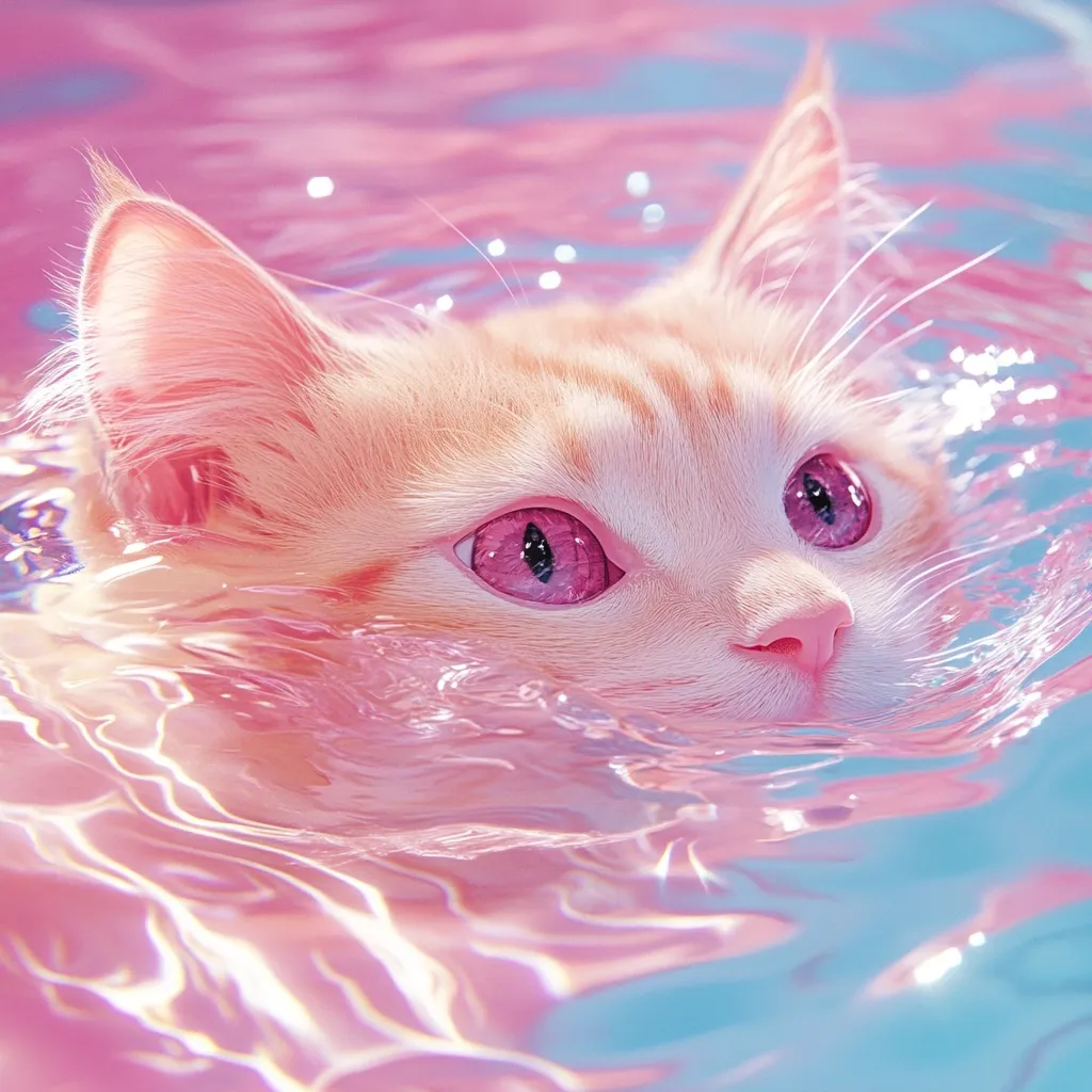 Here's a description of the image:

The image shows a light orange cat with striking pink eyes partially submerged in iridescent pink and blue water.  The cat's fur appears soft and fluffy, and its expression is serene.  The water is highly reflective, creating a dreamy, almost surreal atmosphere. The overall effect is whimsical and aesthetically pleasing, with a focus on soft pastel colors and a gentle, otherworldly feel.