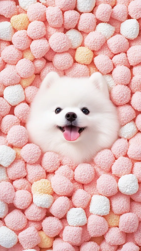 Here's a description of the image:

A fluffy white Pomeranian puppy lies nestled in a bed of pastel pink and white candy-like spheres. Its face is visible, showcasing a happy expression with its tongue slightly out. The puppy's fur contrasts beautifully with the sweet treats surrounding it, creating a visually appealing and adorable scene. The overall tone is light, airy, and cheerful, conveying a sense of sweetness and playfulness.