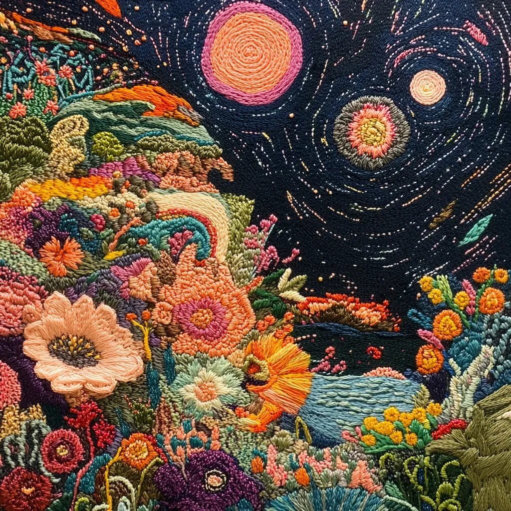 This vibrant embroidery depicts a fantastical landscape under a swirling night sky.  Intricate needlework creates a profusion of colorful flowers in the foreground, contrasting with a dark blue background speckled with embroidered stars and three luminous, textured planets.  The style is highly detailed and evokes a dreamlike, otherworldly scene where earthly flora meets cosmic elements.  The texture and depth created by the embroidery stitches are visually striking.