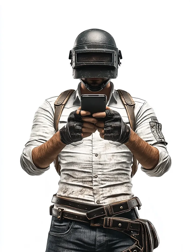 Here's a description of the image:

The image shows a person, seemingly a video game character, dressed in tactical gear. They are wearing a worn, off-white, long-sleeved shirt, dark jeans, and a dark-colored tactical vest and belt with pouches. Most striking is their black, battle-worn helmet which covers their face entirely, leaving only their beard visible at the bottom. The individual is intently focused on a smartphone held in their gloved hands. The background is plain white, focusing all attention on the figure.  The overall aesthetic suggests a military or survival theme, possibly from a battle royale game like PUBG.