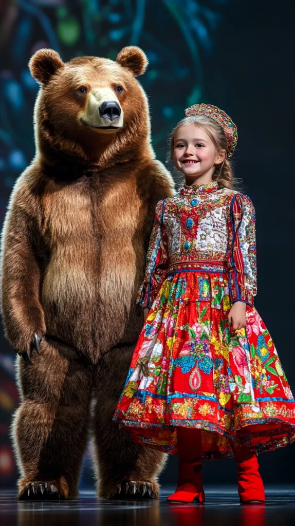 A young girl in a vibrant, traditional-style red and gold dress stands next to a large brown bear.  The girl wears a jeweled crown and red boots.  The bear appears calm and well-groomed, possibly a trained animal. The background is dark and blurred, suggesting a stage or performance setting.  The overall impression is one of a theatrical or ceremonial scene.