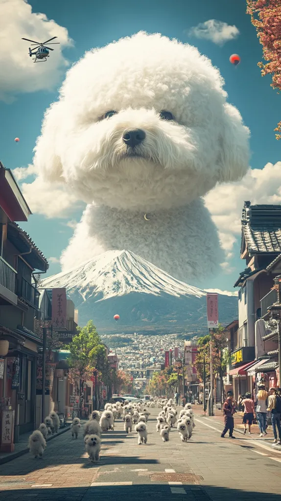 Here's a description of the image:

The image is a whimsical digital artwork depicting a giant fluffy white poodle dominating the sky above a Japanese street scene. Mount Fuji is visible in the background.  Smaller, regular-sized white poodles are walking down the street below, creating a surreal, almost dreamlike atmosphere. Hot air balloons float in the sky, adding to the fantastical setting. The street is lined with traditional Japanese buildings, and pedestrians can be seen in the distance. A helicopter is subtly positioned in the upper left corner. The overall style is vibrant and playful, combining elements of fantasy and realism.