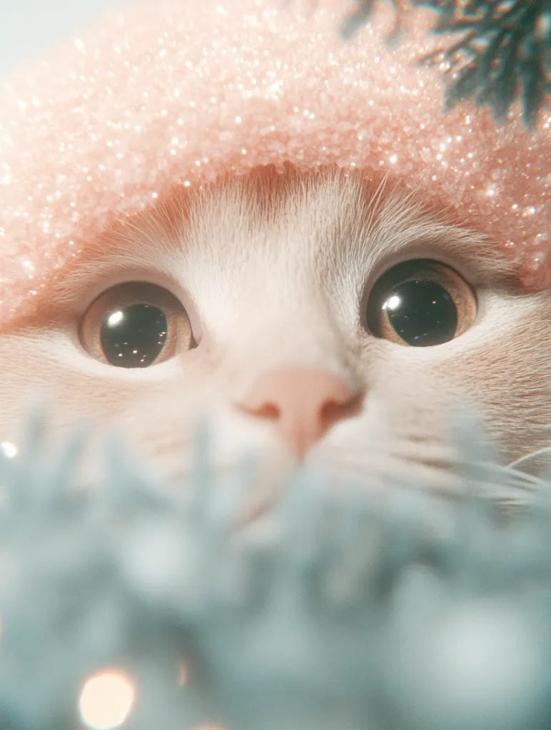 Here's a description of the image:

Close-up view of a light-colored cat's face, partially obscured by a soft, pink, sparkly hat and out-of-focus Christmas-like greenery.  The cat's large, dark eyes are prominent, and its pink nose is visible. The overall tone is soft and dreamy, with a focus on the cat's expressive eyes. The image evokes a sense of warmth and holiday cheer.